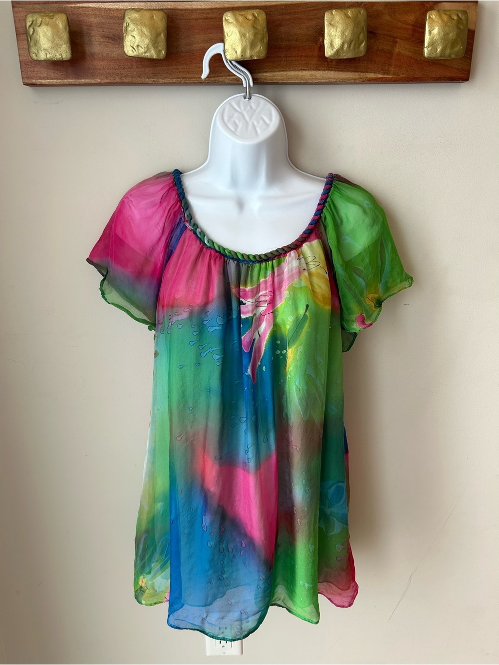 100% SILK Blue Tassel Watercolor Floral Tunic Blouse Boho Art to Wear Mermaid